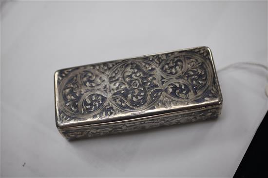 A 19th century Russian 84 zolotnik silver and niello snuff box, 3.5in.